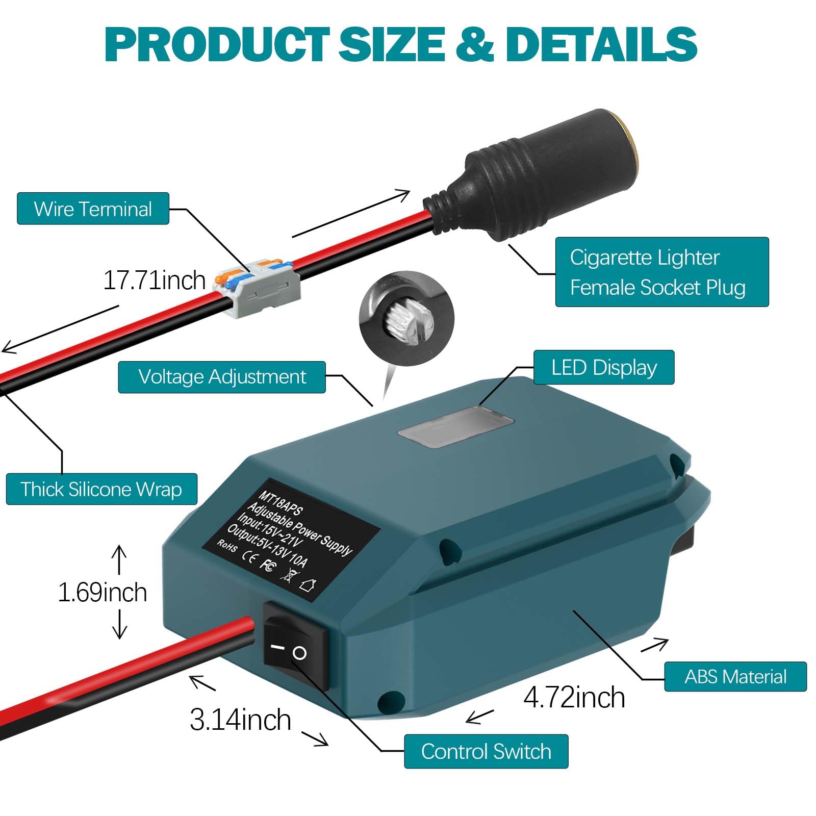 Convertitore step down per Makita 18 V a 12 V, convertitore fai da te con uscita massima 5 V-13 V, 10 A, presa leggera per dispositivi auto (convertitore only)