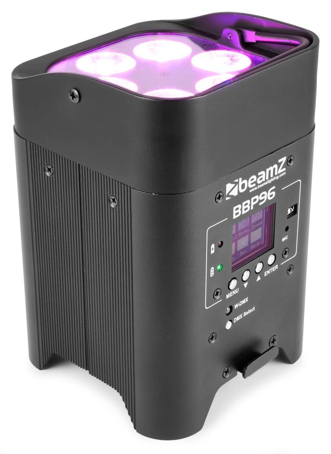 BeamZ BBP96 Uplight 4er Set Akku LED Strahler RGB AW-UV LED Par Spot. 6x12 Watt, Built-In WDMX-Receiver, 16h Akkubetrieb, 6,10 DMX Channels, 0-100% Dimmer, 7000LX, Eazy Link, LCD Display, Schwarz