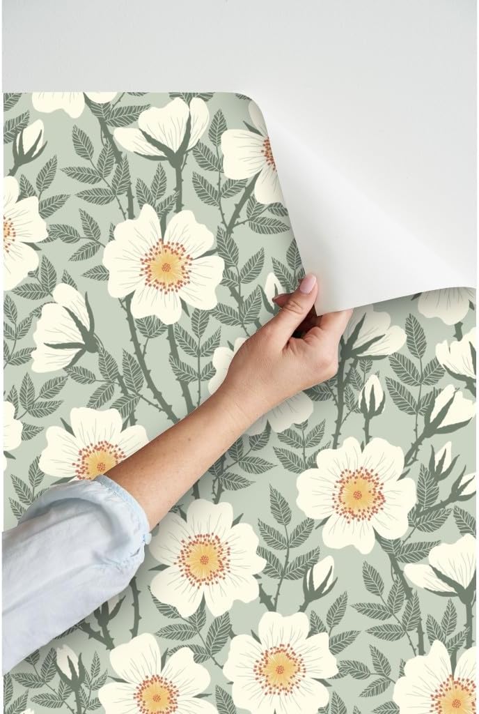 Peel & Stick Wallpaper 3ft x 2ft - Wild Roses Sage Green Vintage Floral Jade Neutral Custom Removable Wallpaper by Spoonflower
