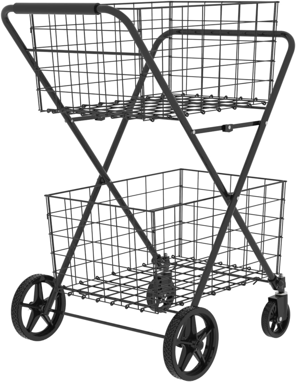 Jumbo Shopping Cart,2 Layers Grocery Cart on Wheels, Foldable Utility Shopping Carts with Double Basket and 360° Rolling Swivel Wheels for Groceries Laundry