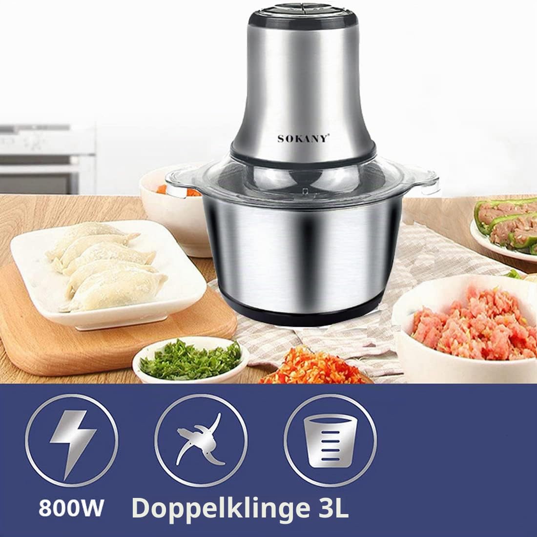SOKANY 800W Zerkleinerer Küche Elektrisch mit 3L Edelstahlschüssel, Multizerkleinerer mit 2 Geschwindigkeitsstufen, Fleischwolf mit 4 Klingen für Fleisch, Zwiebeln, Obst, Gemüse