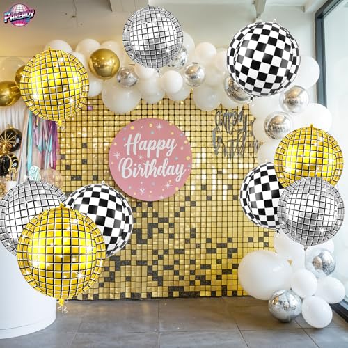 Image of 6pcs 22 Inch Gold Disco Ball Balloons, Silver Big Disco Balloons, Black White 4d Large Foil Balloon For Birthday Baby Shower Car Theme Party Wedding Engagement Celebration Graduation Decorations