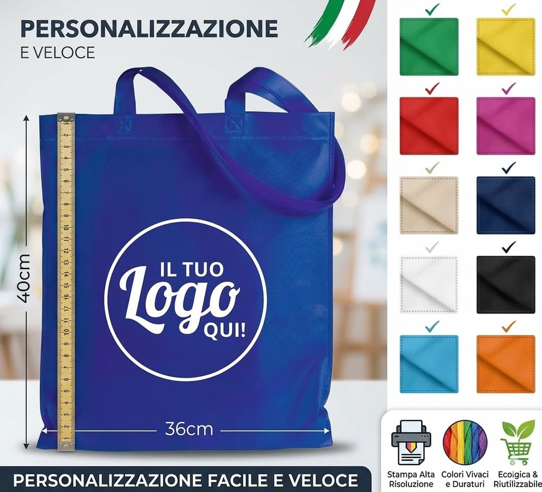 50 Borse Personalizzabile con Logo, Immagine o Scritta - Borsa Shopper Riutilizzabile Personalizzata con Stampa - Bag Grande 36x40 cm - Tessuto tnt per Shopping, Spesa e Mare (50, Giallo)