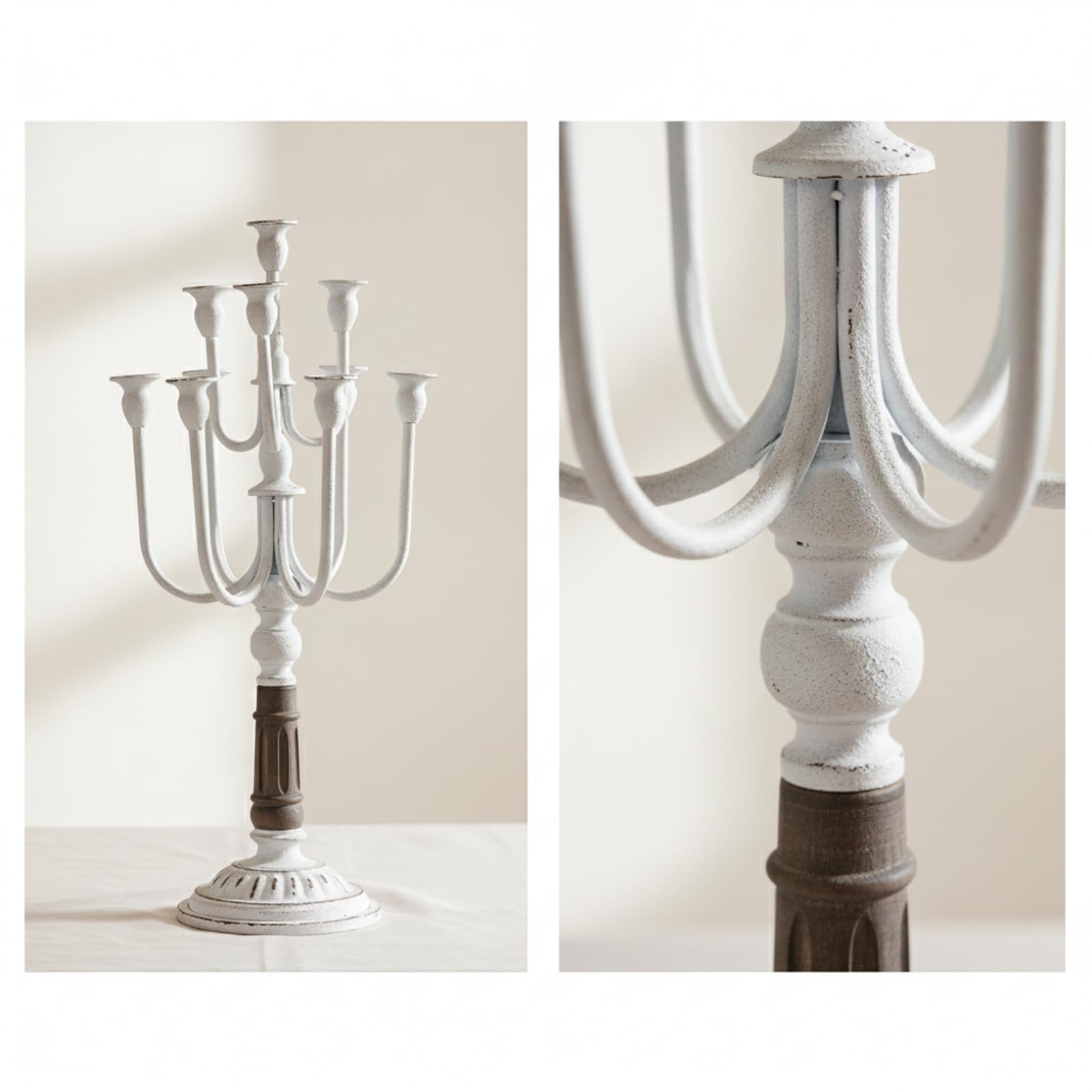 Candelabro Portacandele Candeliere Centro Tavola Decorazione in Ferro E Legno con Base Rotonda Stabile E Curvi Stile Rustico Francese Adatto Matrimoni Eventi, Bianco