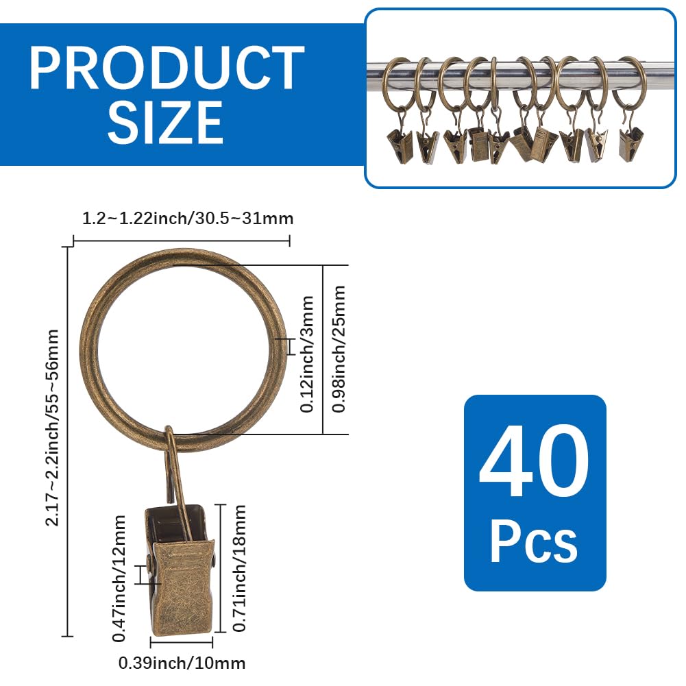 SOFPLATE 40Pcs Bronze Drapery Rod Rings Metal Curtain Ring Clips Small 1.18 Inch Iron Round Circle Sliding Hook Fits up to 1 Inch Rod Hanger Accessories for Sliding Window Pinch Pleated Drape Curtain