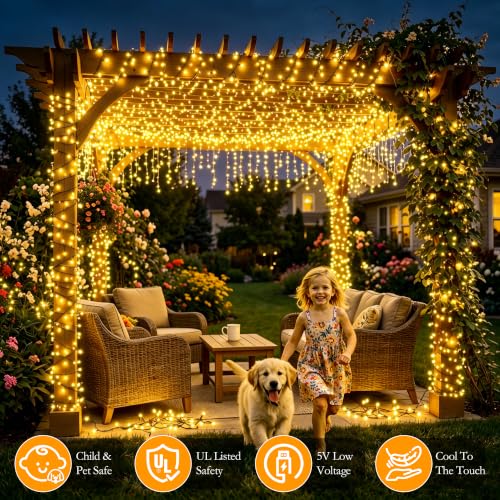 Image of 132FT 400 LED Warm White Fairy Lights, Dark Green Wire 8 Modes Timer, IP44 Waterproof Outdoor Indoor String Lights for Patio Garden Backyard Bedroom Classroom Weeding Christmas Decor