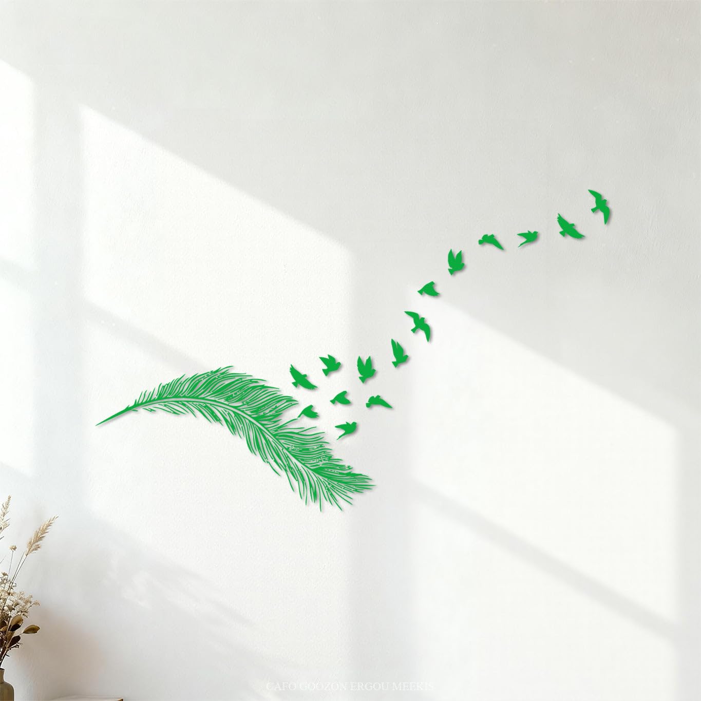 Bravejae Decals-Q1419 Lettering Decals Feather Illustration With Flying Birds Silhouette 54.6X87.1cm Removable Without Leaving Glue Green