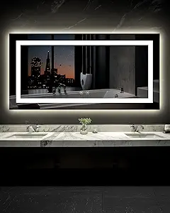 Ensenior LED Bathroom Mirror 72"x36" with Front and Backlight, Stepless Dimmable Wall Mirrors with Anti-Fog, Shatter-Proof, Memory, 3 Colors, Modern LED Vanity Mirror-ETL & FCC