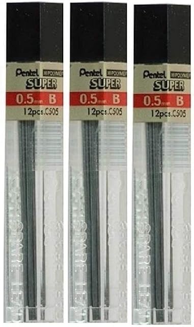 Pentel 0.5mm Size B Shade Hardness Pencil Refill Replacement Spare Leads Hi Pollymer Super For Automatic & Mechanical Pencils (Pack Of 3 Tubes - 36 Pieces)