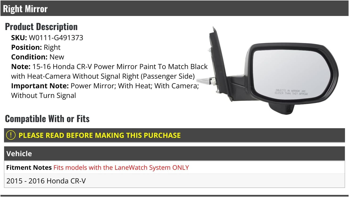 Right Passenger Side Power Mirror - Paint to Match - with Heated Glass and Camera - without Turn Signal - Compatible with 2015-2016 Honda CR-V