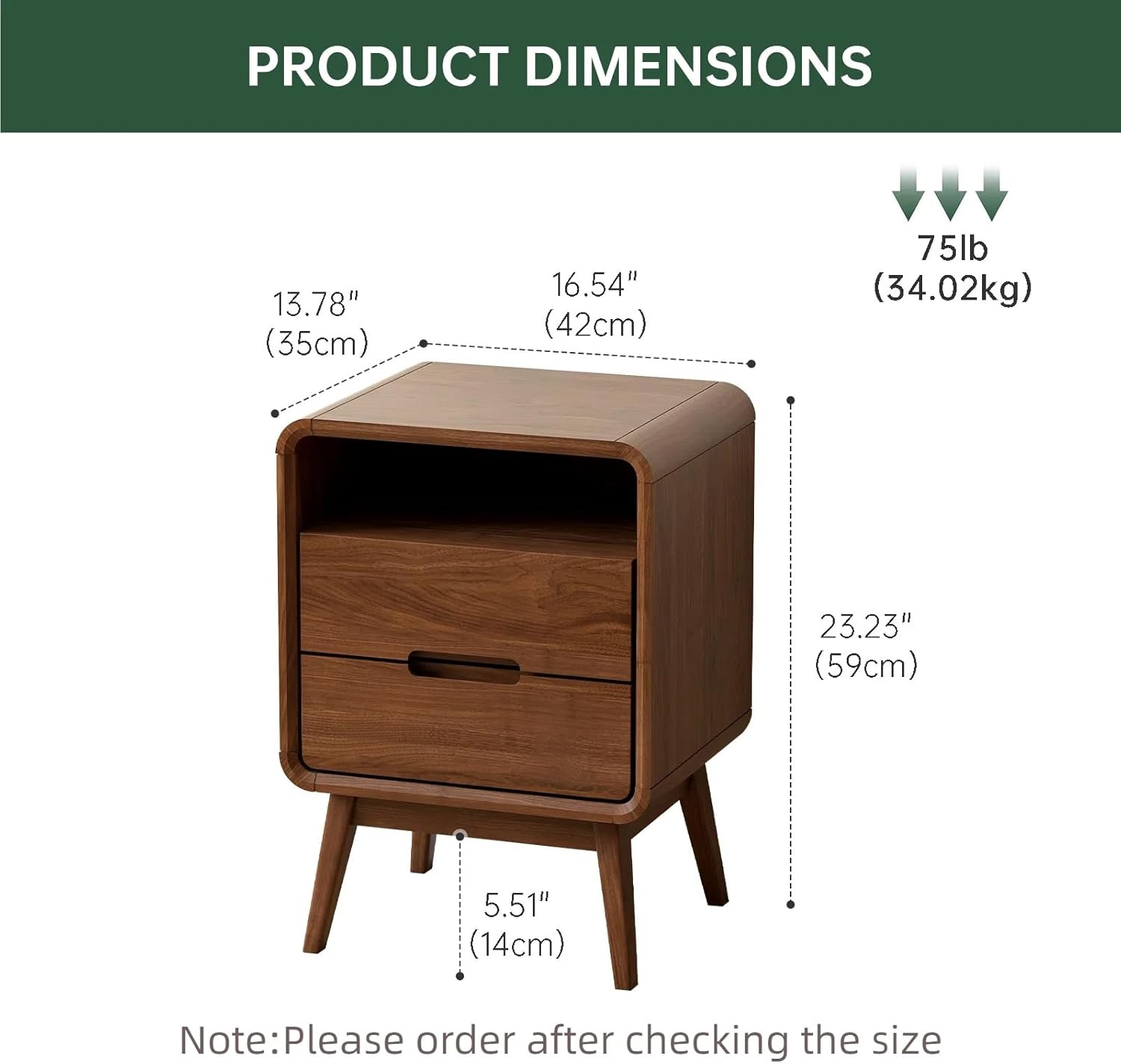 Walnut Nightstand Solid Wood Night Stand, Dark Wood Nightstands with 2 Drawers and Open Shelf, Mid Century Modern Nightstand, Wooden End Table, Walnut Bedside Table for Bedroom(23.23" H) Walnut-Two Drawers-1