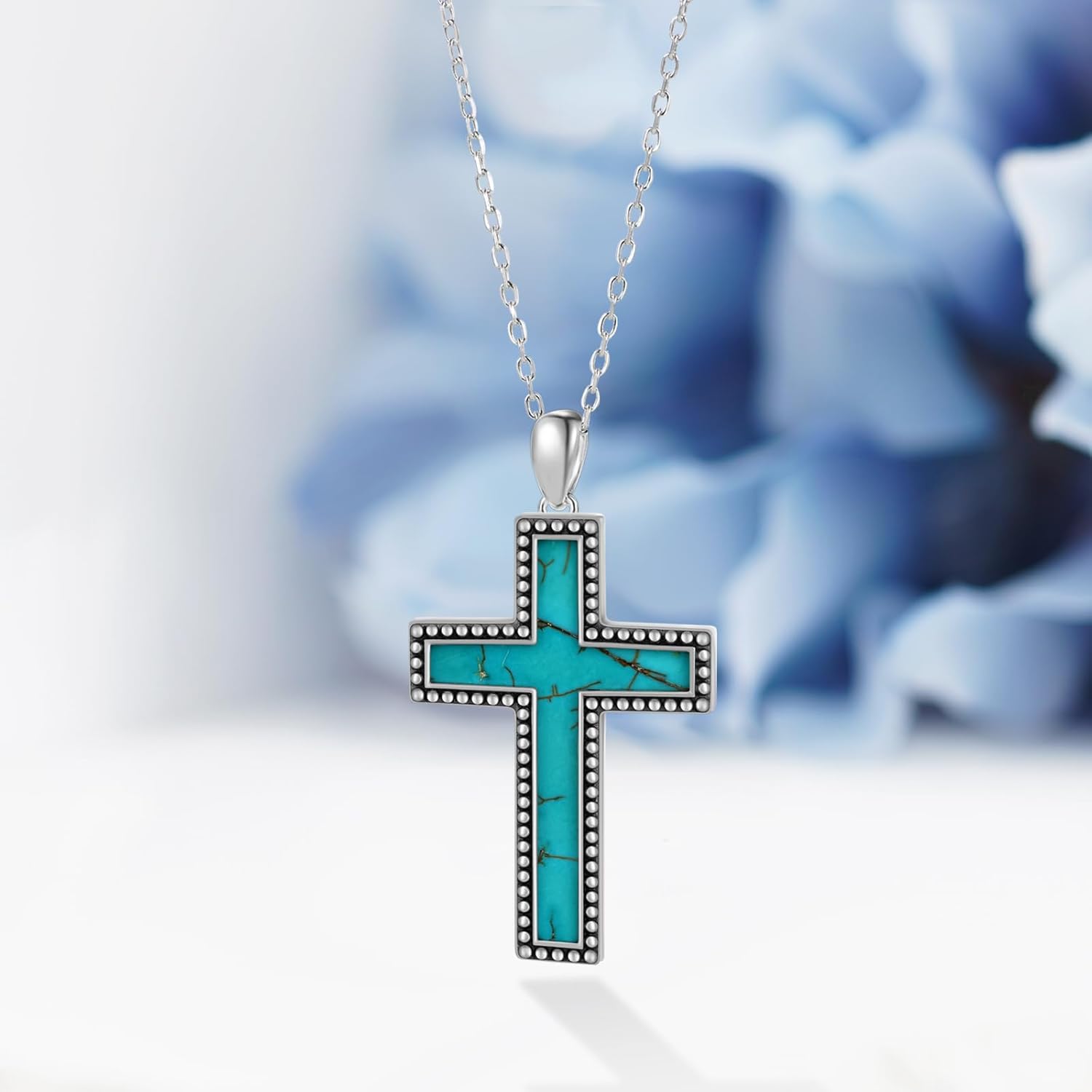 Genuine Turquoise Cross Necklace 925 Sterling Silver Real Turquoise Necklace Vintage Religious Western Jewelry for Women - Image 4