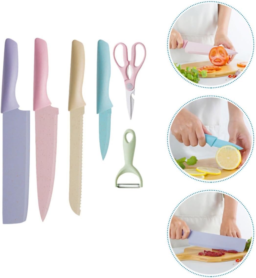Kitchen Knife Set and Vegetable Peeler 6pcs Stainless Steel Colorful Blades Random Color Suitable for Home Cooking and Food Preparation