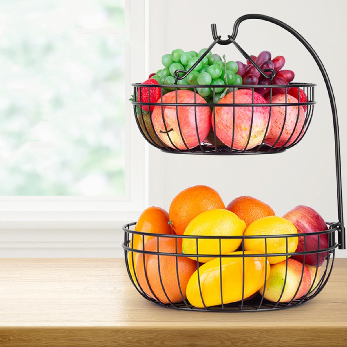 Cesto Appeso a Due Livelli in Ferro Nero per Frutta