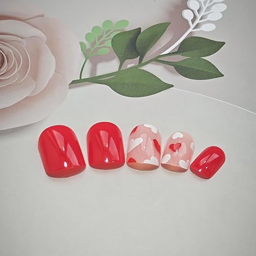Miniatura 2 de Uñas postizas a presión para el día de San Valentín, uñas postizas cuadradas medianas con forma de corazón rojo y blanco, uñas acrílicas brillantes