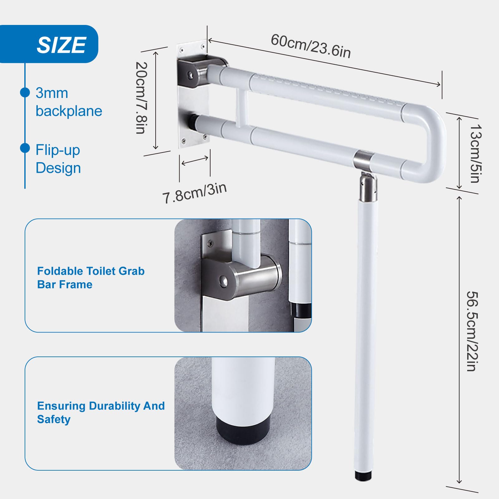 Asideros para personas mayores de 60 cm, 2 unidades de acero inoxidable para inodoro, plegable, 60 cm, asas de seguridad, ayuda para levantarse, 150 kg, para personas mayores, discapacitados, 60 cm