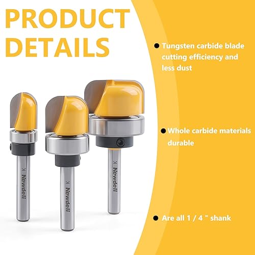 Miniatura 3 de Newdeli Juego de 3 brocas de fresadora de plantillas para cuenco y bandeja, vástago de 14 de pulgada, ranura de jugo de carburo, punta redonda con