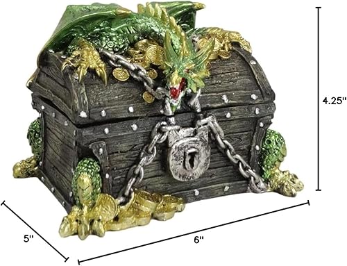 Miniatura 8 de Ebros Gift Joyero decorativo de dragón del tesoro de oro verde que se posa en el cofre de pirata encadenado, 6 pulgadas de largo, medieval,