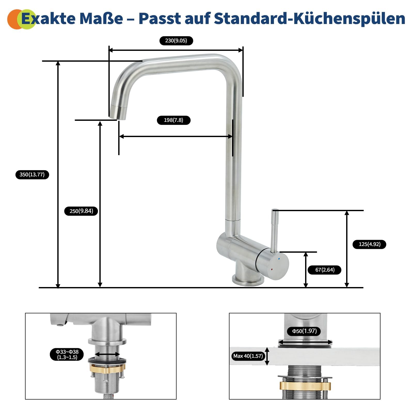 Kran z mieszaczem kuchennym, obrotowy 360°, stal nierdzewna