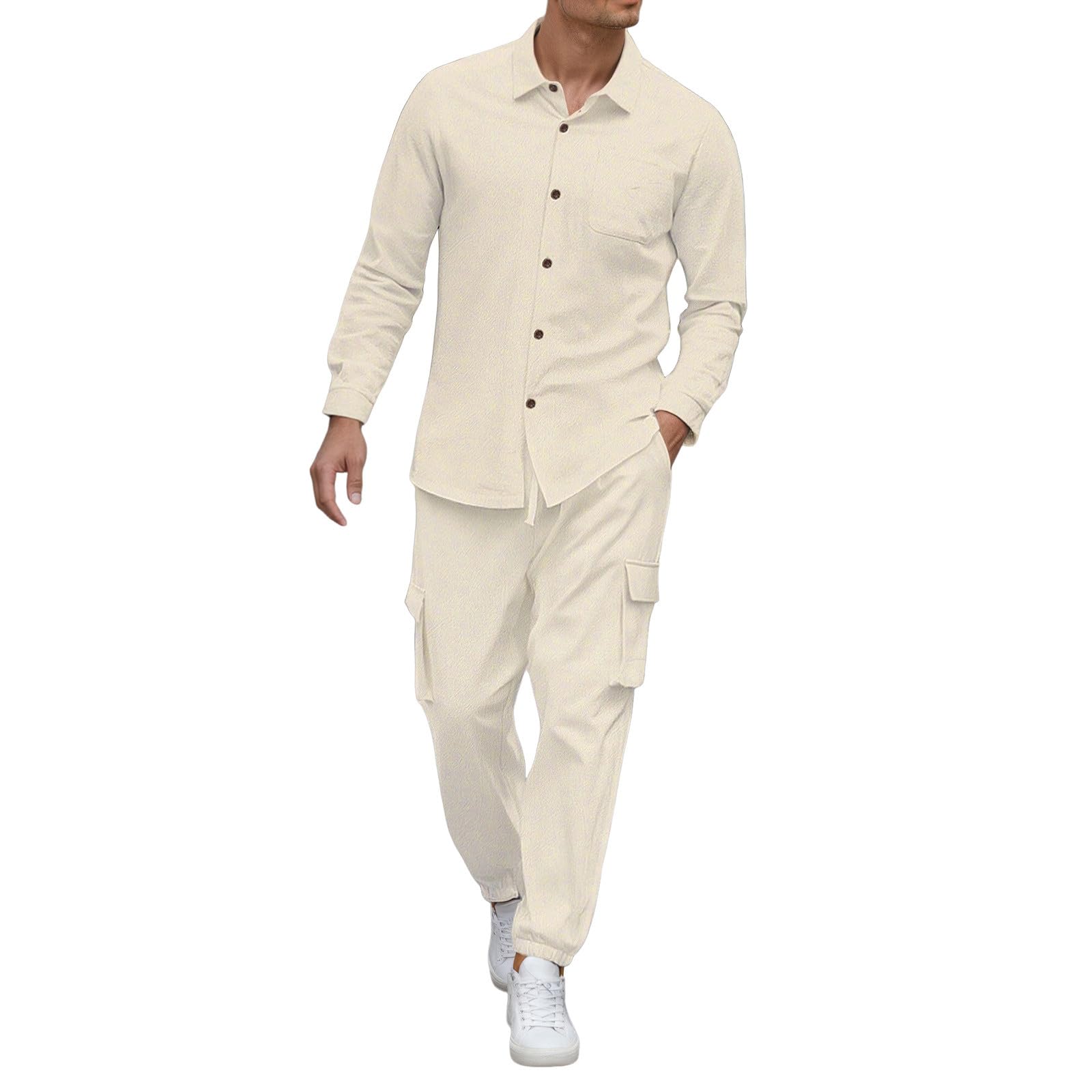 Herren Leinenanzug-Set, lässiges Langarmhemd mit Arbeitshose, bequemes atmungsaktives Outfit, ideal für Alltag, Partys und Urlaub_2