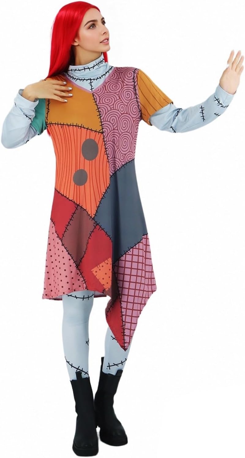 Sally Costume Dress Women Nightmare Halloween Christmas Sally Cosplay with Wig Eyeshadow Palette Sticker - Image 2