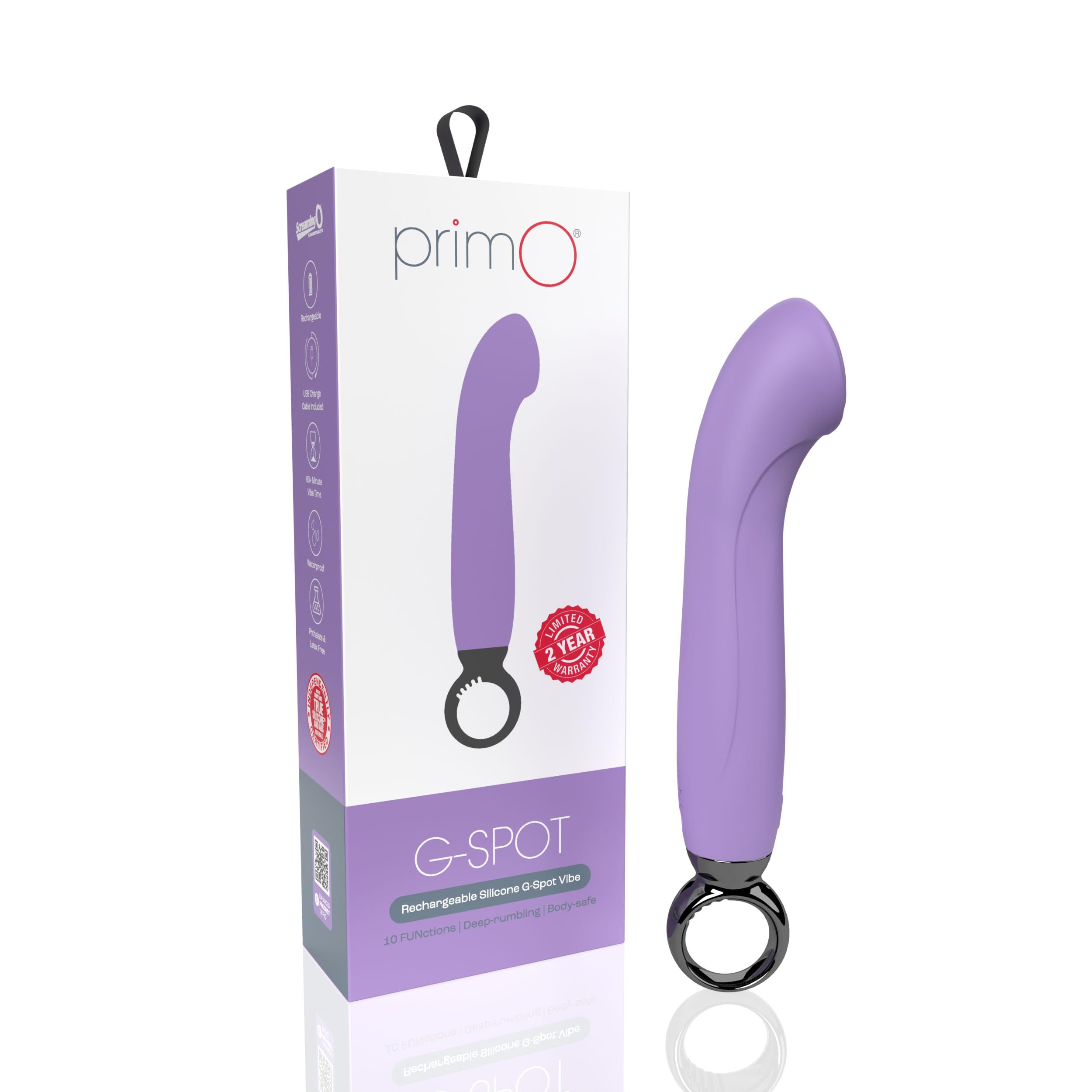 Screaming O Primo G-Spot Vibrator Ergonomic Silicone Clitoral Anal Stimulator for Women Couples 10 Vibration Modes Rechargeable Waterproof