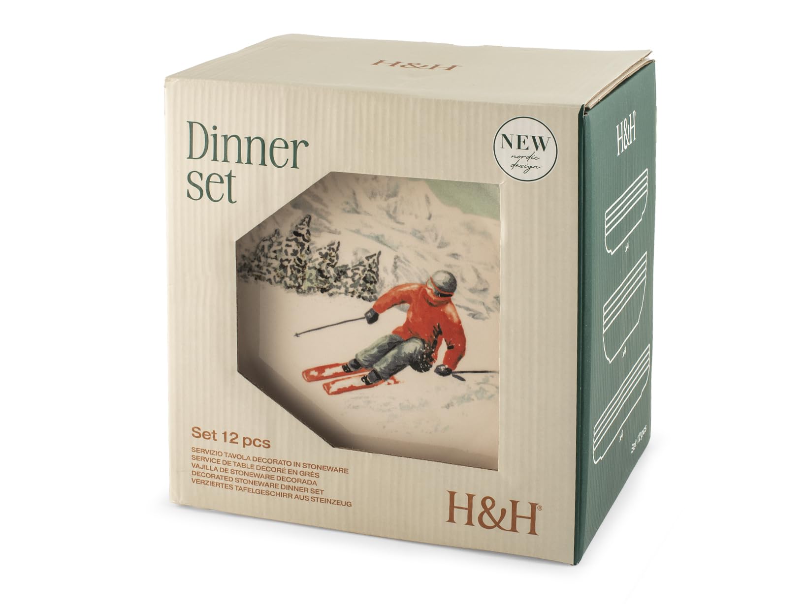 H&H Service de Table Noël 12 Pièces Winter Escape en Grès - Assiettes Plates, Creuses et à Dessert - Illustrations Vintage de Skieurs, Idéal pour Créer une Table Élégante et Moderne pour Noël