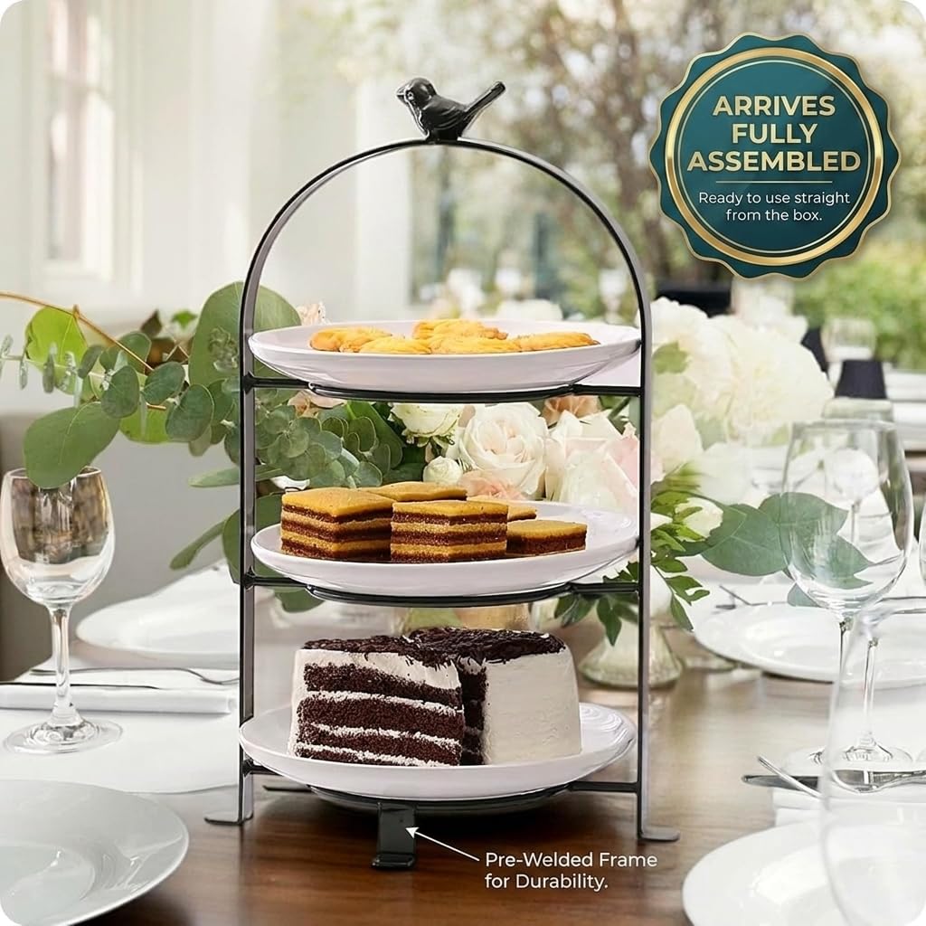 SparkWorks - Alzata per torte a 3 livelli, piatto da portata per tea party, dessert e cupcake, supporto in metallo con tre piatti in gres bianco di alta qualità