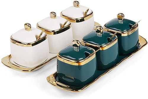 Miniatura 34 de Azucarero con tapa y cuchara, recipiente de cerámica para condimentos con bandeja, juego de recipientes de azúcar y sal, tarros de especias