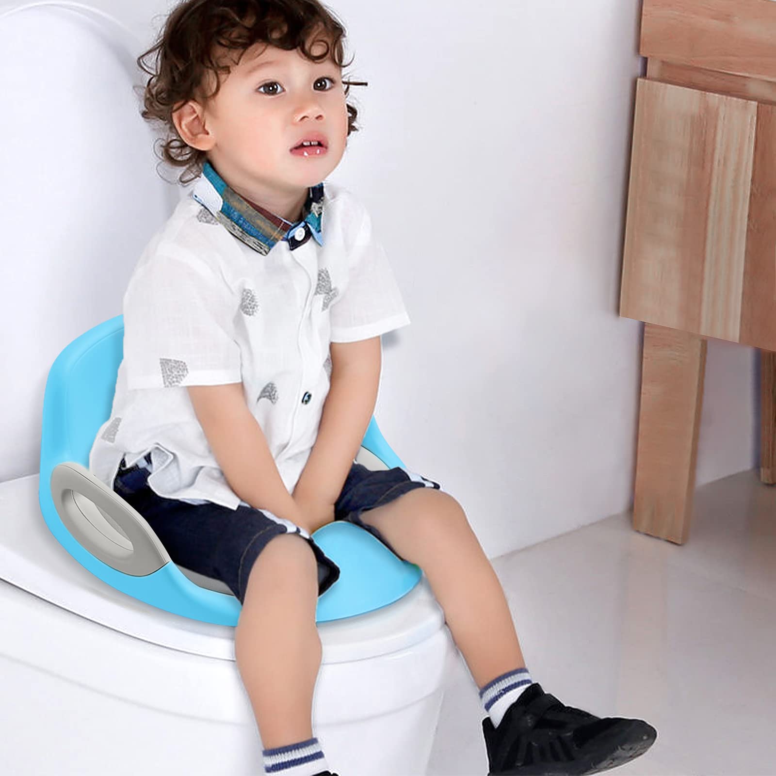 Froadp Riduttori per WC per Bambini, Seggiolino con Paraspruzzi in PU, Sgabello Portatile Antiscivolo per Vasino, Sedia di Potty Trainer per bambino 1-8 Anni Ragazzi e Ragazze (Blu)