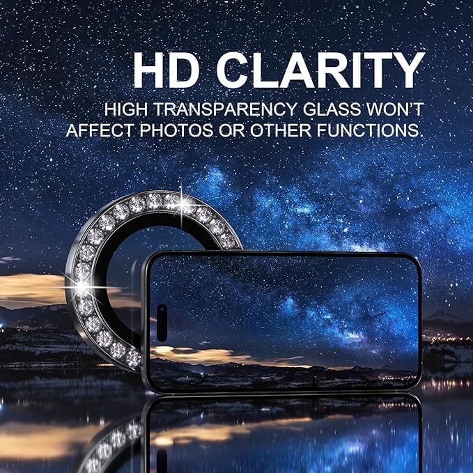 Image of Compatiable with iPhone 16 Pro / 16 Pro Max Camera Lens Protector Ring - Diamond Design | 9H Tempered Glass | HD Clear | Anti-Scratch | Anti-Drop Black Diamond