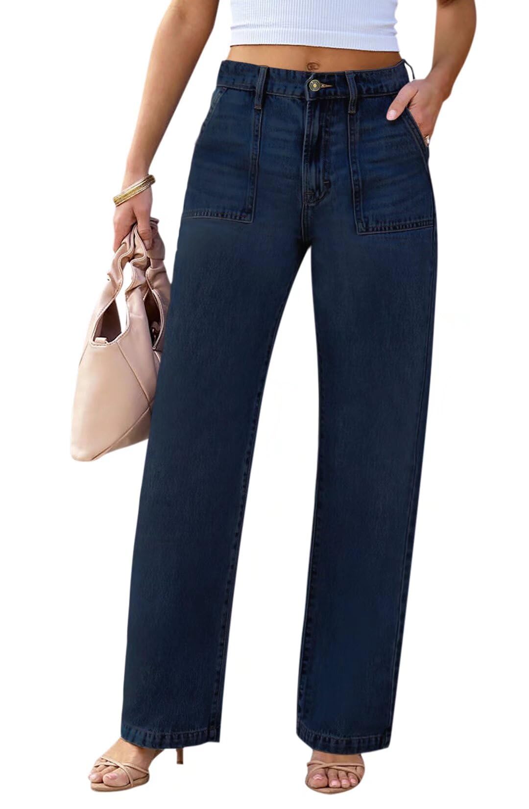 Womens Wide Leg Jeans High Waisted Carpenter Cargo Jeans Casual 90s Y2K Flap Pocket Straight Leg Jeans for Women