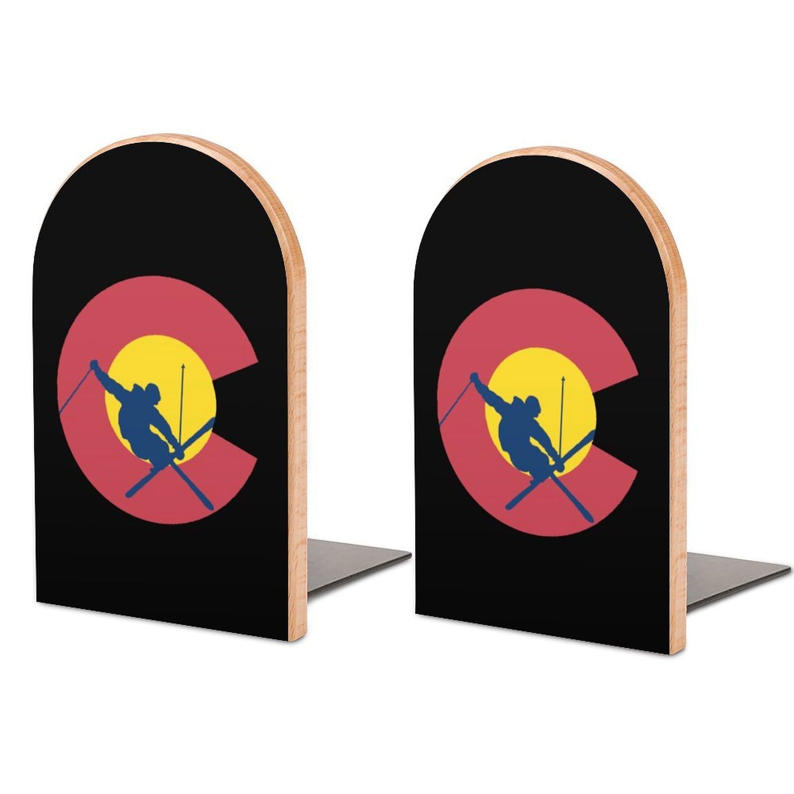 Colorado Flag Skiing Ski Book Ends Wood Non-Slip Books Stand Book Holders Book Stopper Organizer for Shelves Home Office