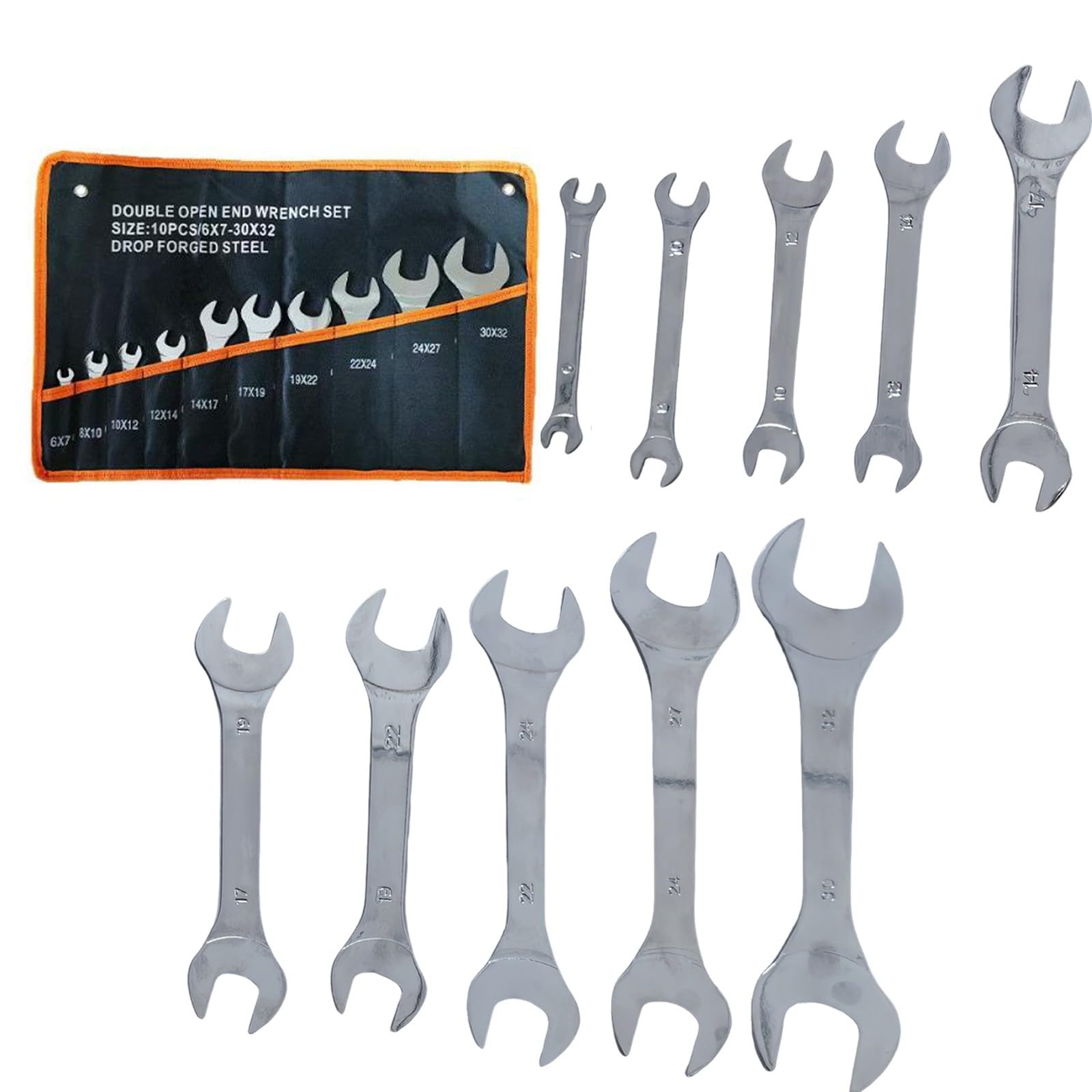 EasyByMall Juego de 10 llaves de doble extremo abierto de 6 a 32 mm, acero al cromo vanadio, herramientas de reparación de automóviles con bolsa de herramientas