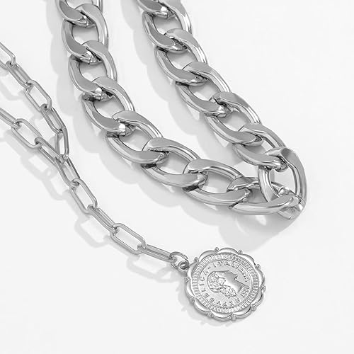 Miniatura 4 de JWICOS Delicado collar de cadena cubana de plata en capas para mujer, colgante de moneda bohemia, collar grueso para mujer (plata)