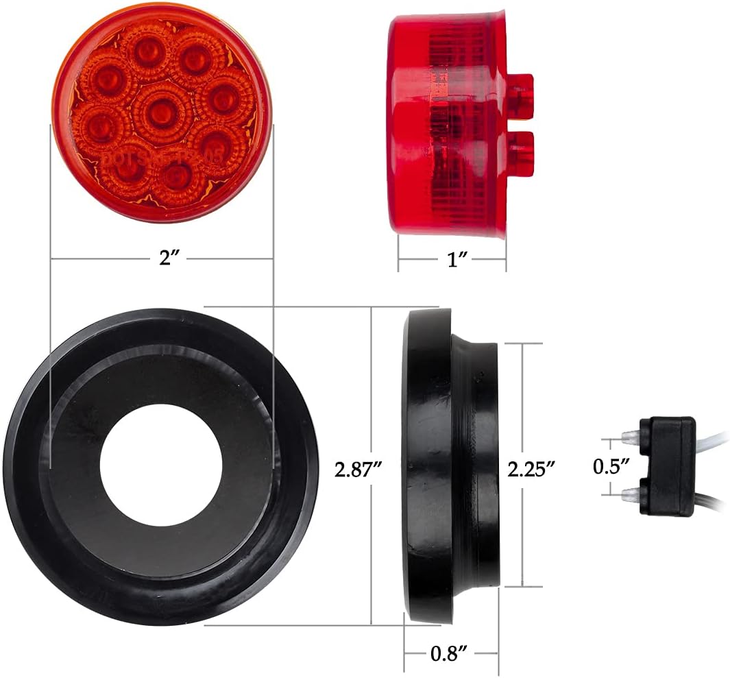 Partsam 10Pcs 2" Inch Round Red LED Trailer Marker Clearance Lights 9 Diodes w/reflector Flower-shaped, Sealed Multi-Faceted Trailer Truck RV Led Marker Sidelight with Grommets/2 Prong Wire Pigtails