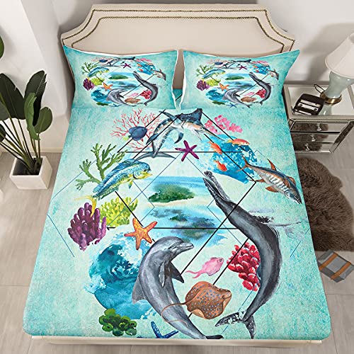 Parure de lit dauphin et baleine pour lit enfant simple 2 pièces