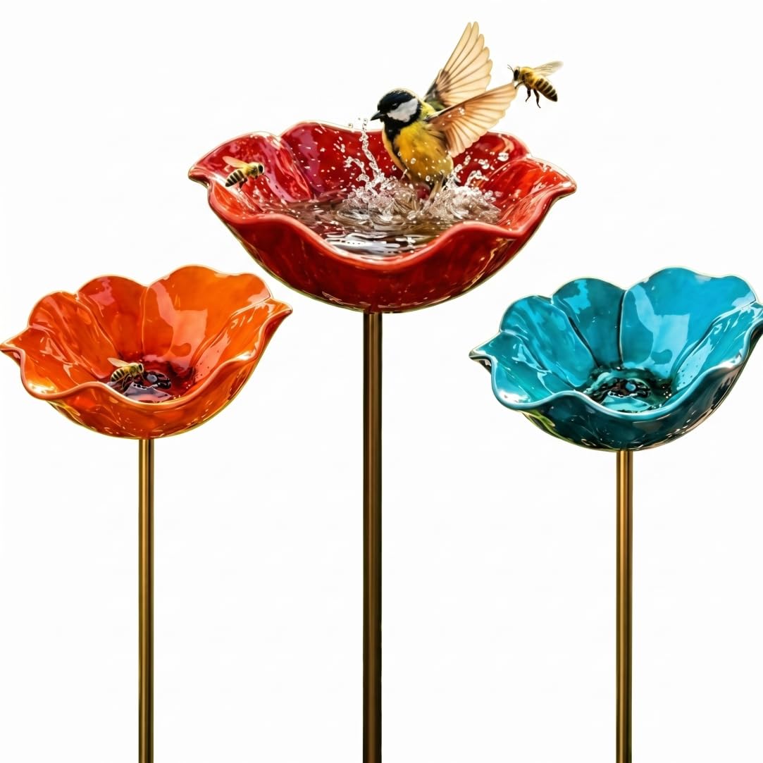 Ameble Bird Baths 3 Pack Metal Flower Garden Stakes Bird Bath Multifunctional Feeder & Bath For Outdoors Blue Orange Red