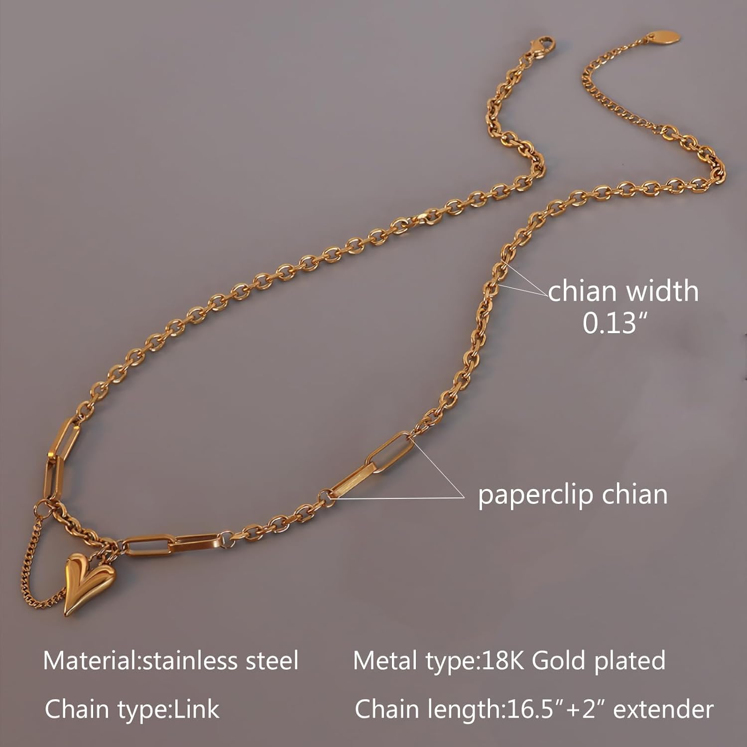 18K Gold Plated Puffy Heart Charm Necklace For Women Cute Small Heart Pendant Choker Chunky Paperclip Chian Stacked Necklaces Personalized Gift For Friend - Image 4