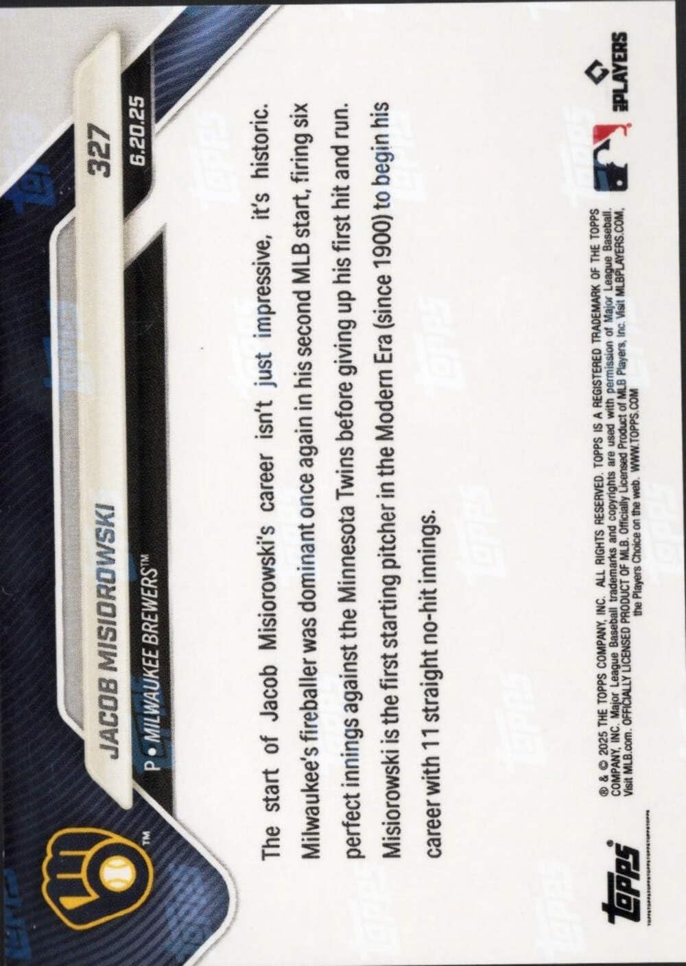 2025 Topps Now Jacob Misiorowski #327 Gold Foil /50 Milwaukee Brewers Rookie RC Baseball Card