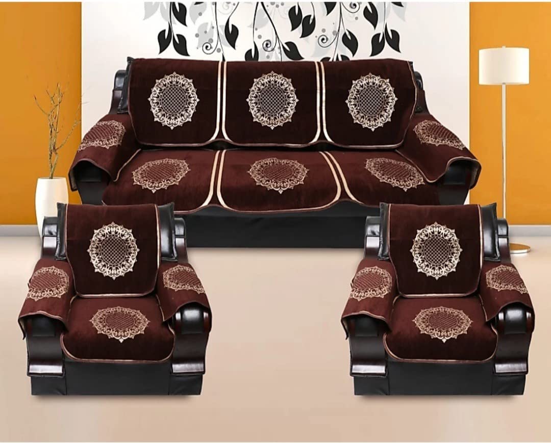 jayvaam Premium 5 Seater Printed Sofa Cover Set with Arm Covers, 3,1,1 Seater 16 Pieces Sofa Back Slip Panels, Protector for Single Seater,Coffee (Pack of 12)