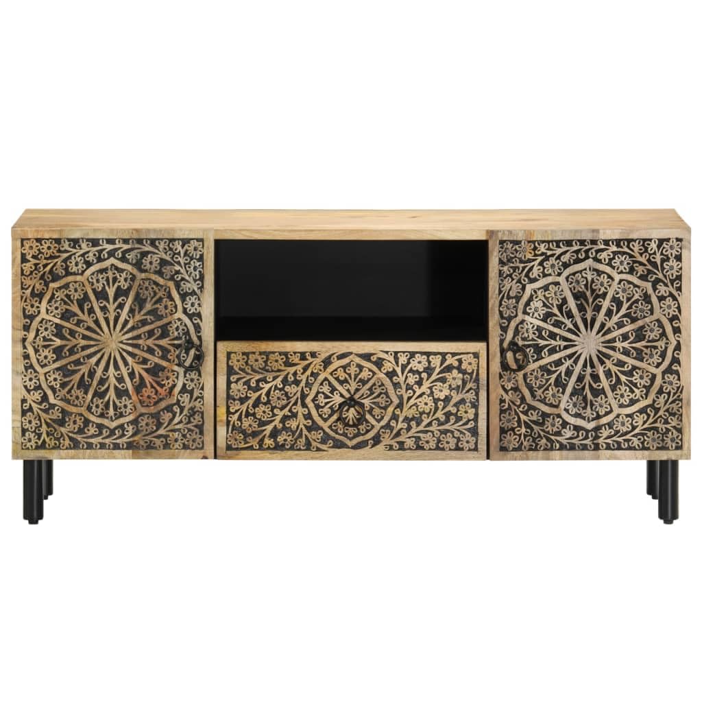 Szafka pod telewizor 105 x 33 x 46 cm z litego drewna mango, ręcznie rzeźbiony wzór, wytrzymały stół konsolowy z żelaznymi nogami, idealna do salonu, trwała, uniwersalna podstawka pod