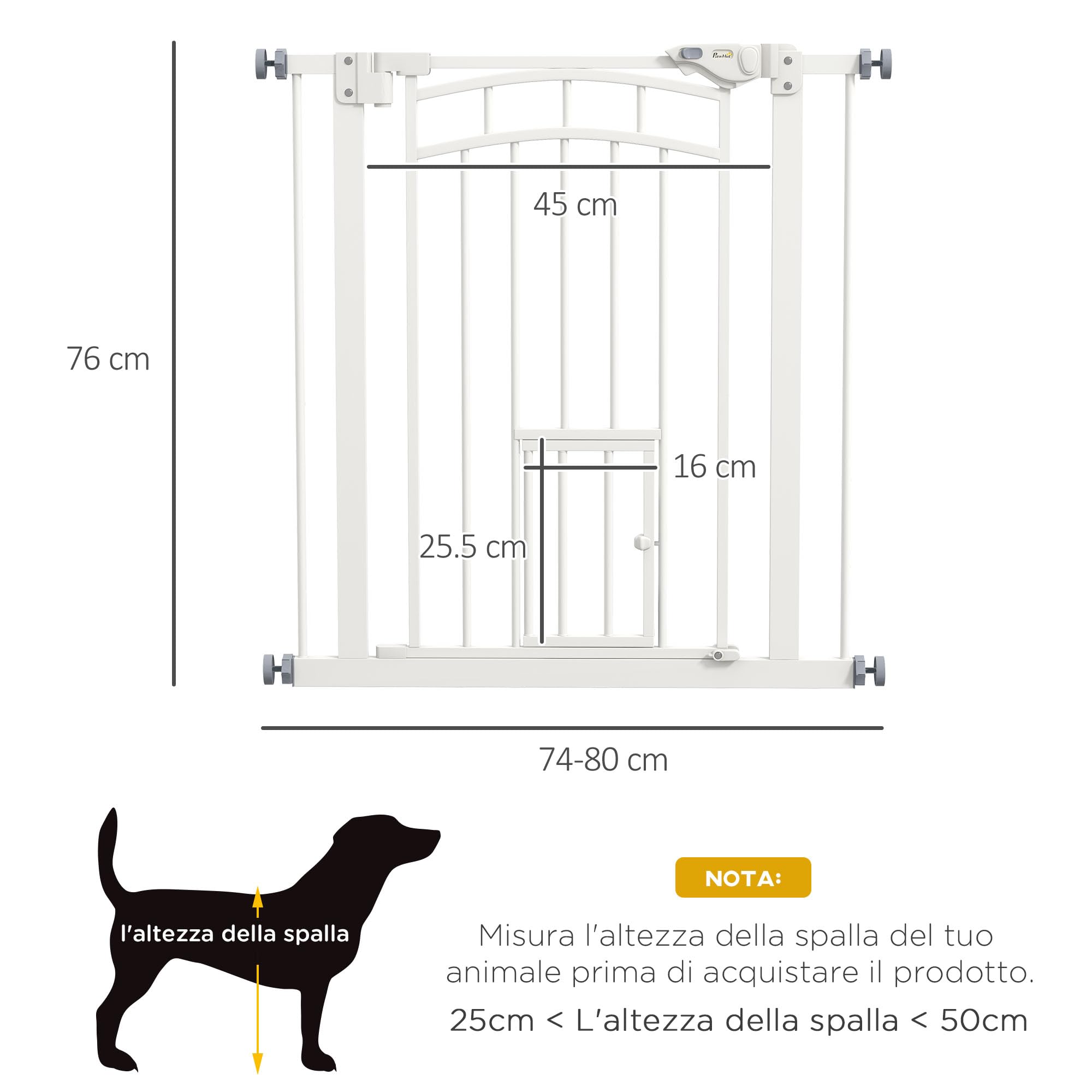 PawHut Cancellino per Cani taglia Piccola e Media Estensibile con Chiusura Automatica, Cancelletto di Sicurezza in Acciaio e PA, 74-80x76 cm, Bianco
