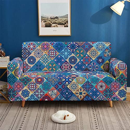 Chickwin-Shop Stretch Sofa Covers 2 Seater Single Sofa Slipcovers Dog Cat Pet Friendly Non Slip Soft 1-piece Blue Mandala Armchair Couch Covers Washable Loveseat Protector Cover