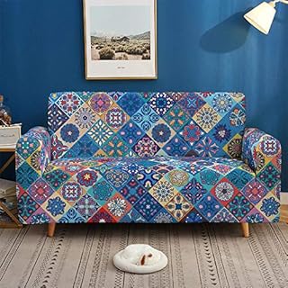 Chickwin-Shop Stretch Sofa Covers 2 Seater Single Sofa Slipcovers Dog Cat Pet Friendly Non Slip Soft 1-piece Blue Mandala Armchair Couch Covers Washable Loveseat Protector Cover