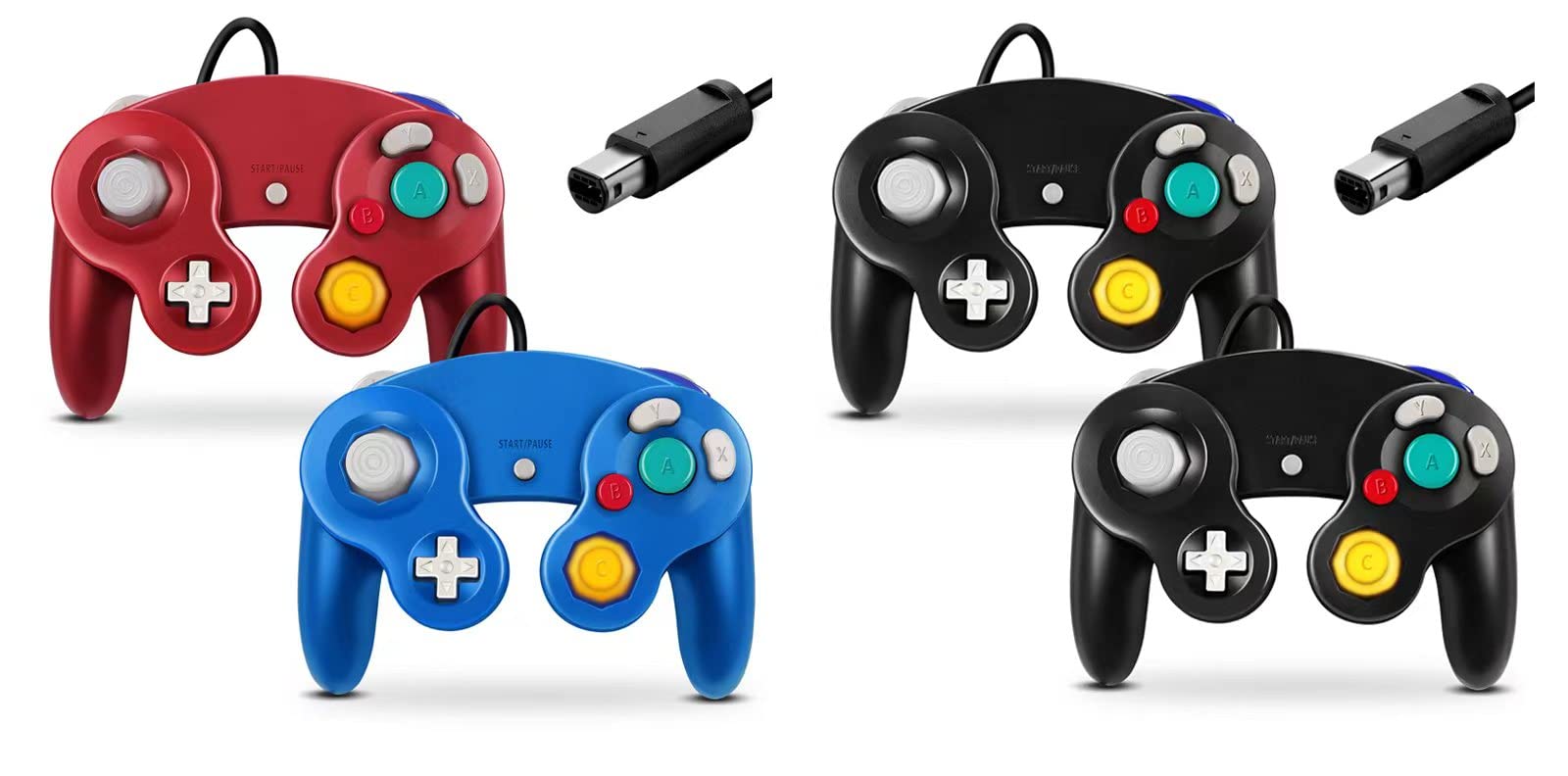 FIOTOKGamecube Controller, Classic Wired Controller for Wii Nintendo Gamecube - Enhanced- 4 Pack （Black&Black&Red&Blue）