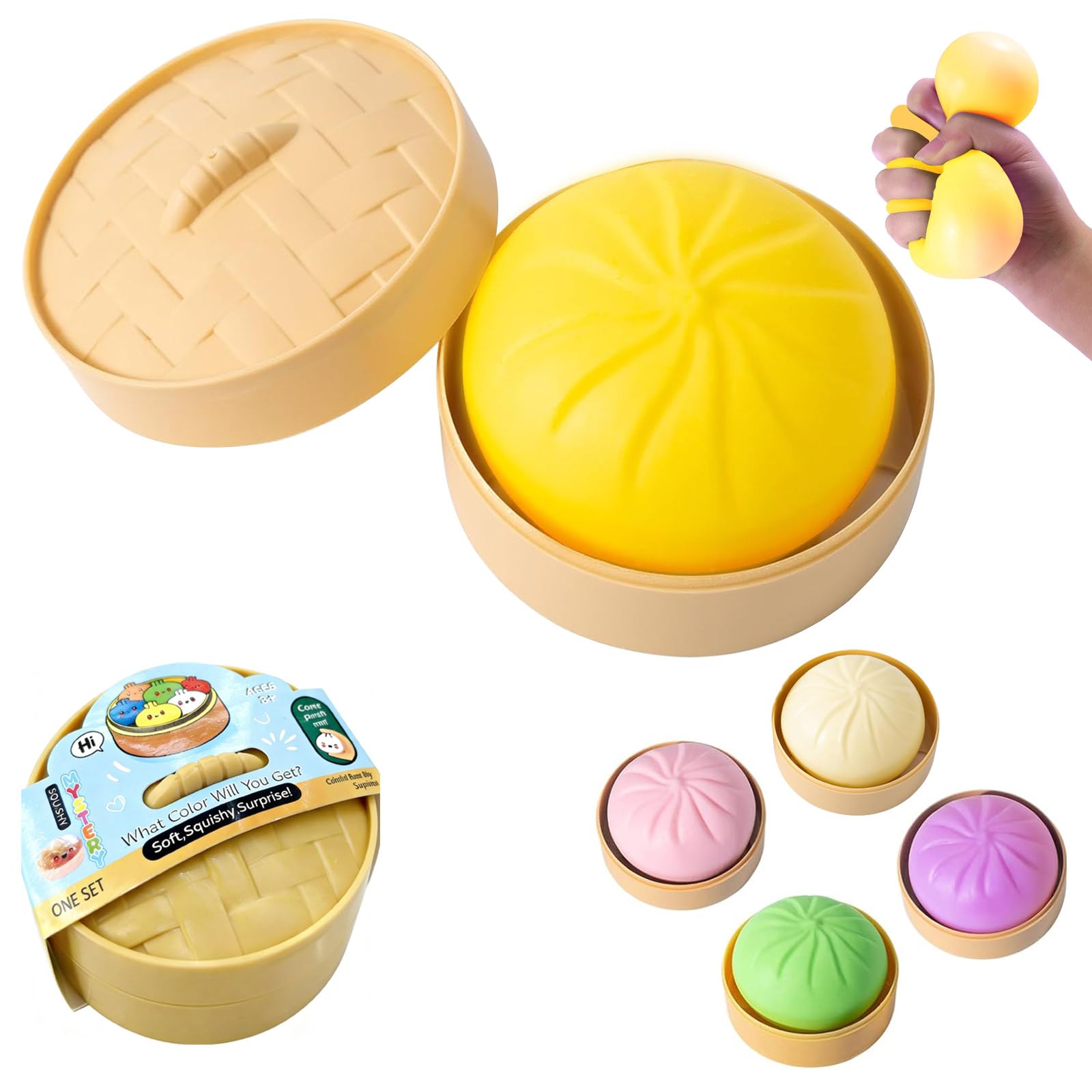 Dumpling Squishy Mystery Box Fidget Toys, Stress Relief Sensory Toys with Steamer Box, Giant Squeeze Toys for Gift (Yellow)