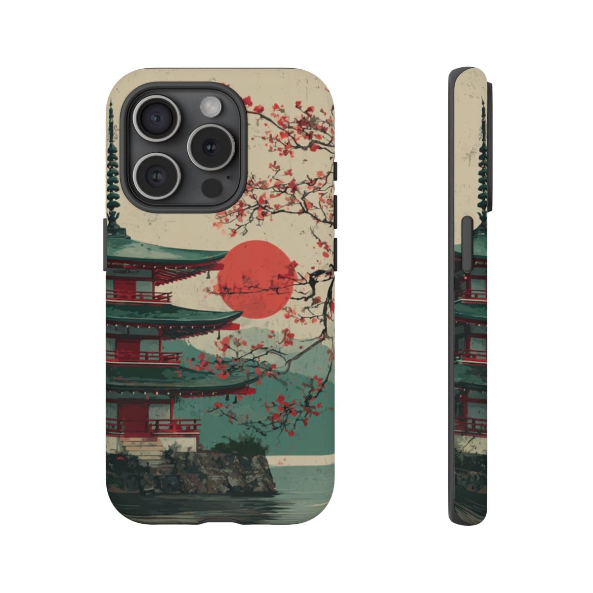 Coque iPhone 15 Pro rigide mate Pagode et soleil rouge luxe - 4