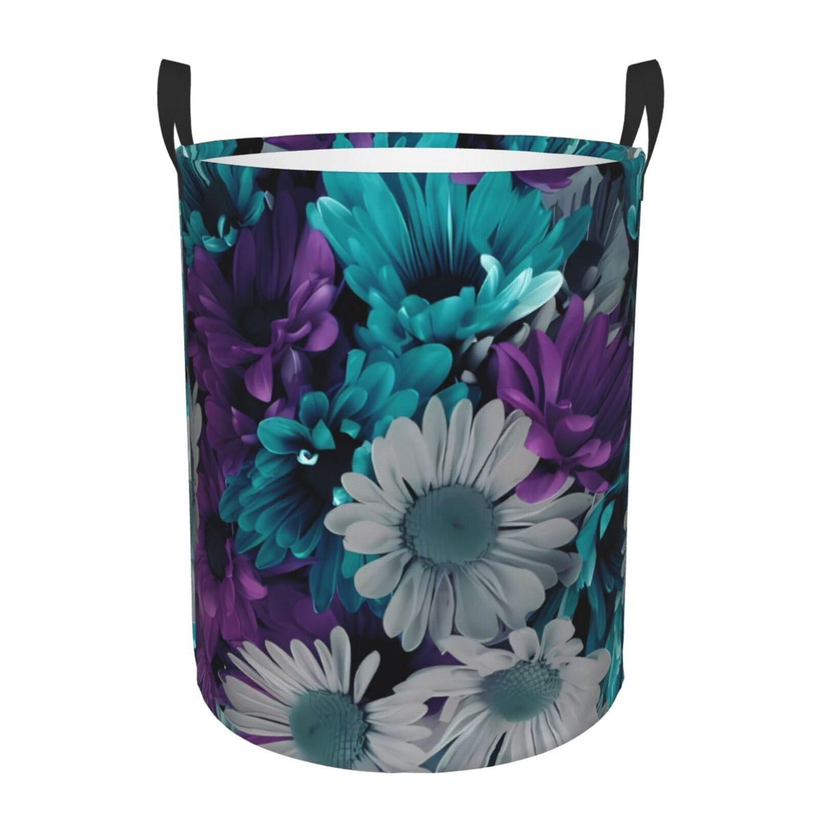 S Collapsible purple and teal flowers Print Circular Hamper Round