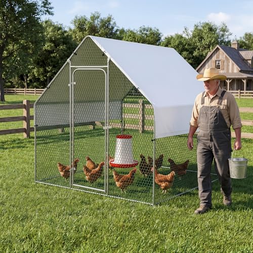 TimberAura Large Chicken Coop Metal Walk-in Run 6.6 x 6.6 x 6.6 Heavy Duty Galvanized Steel Cage with Waterproof Cover Secure Lock Outdoor Pen Enclosure for Hens Ducks Rabbits